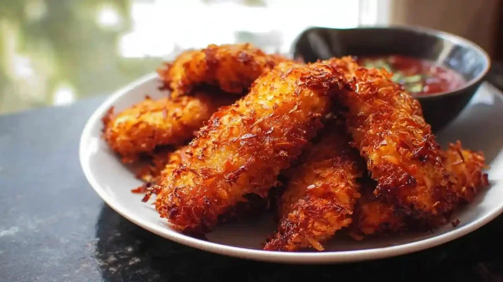 Plate of crispy coconut chicken tenders garnished with fresh herbs