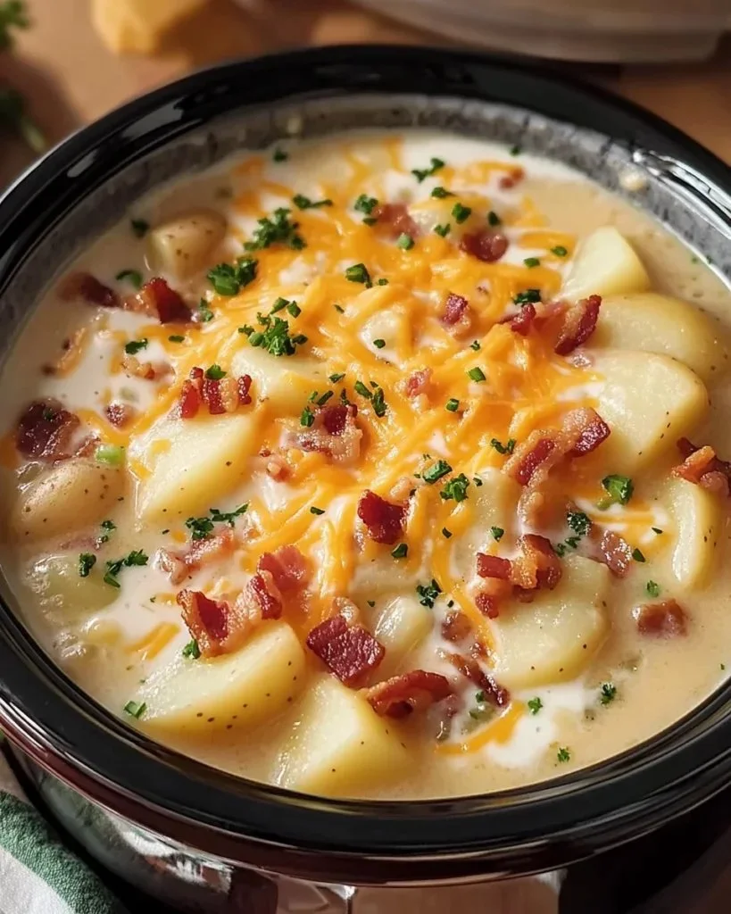 Bowl of delicious Crock Pot Crack Potato Soup garnished with green onions and bacon.