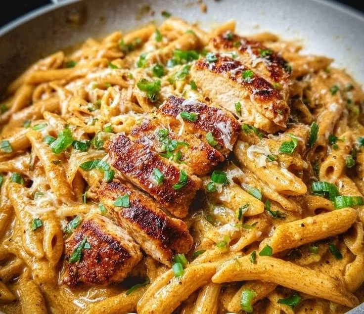 Plate of easy Cajun Chicken Pasta garnished with herbs and served with a side salad.