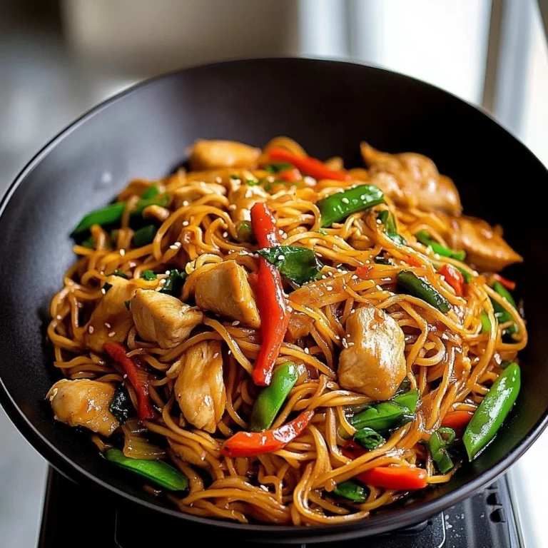 Delicious bowl of homemade easy chicken lo mein with vegetables and noodles