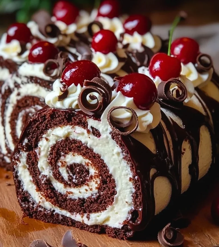 Elegant Black Forest Cake Roll with chocolate and cherries