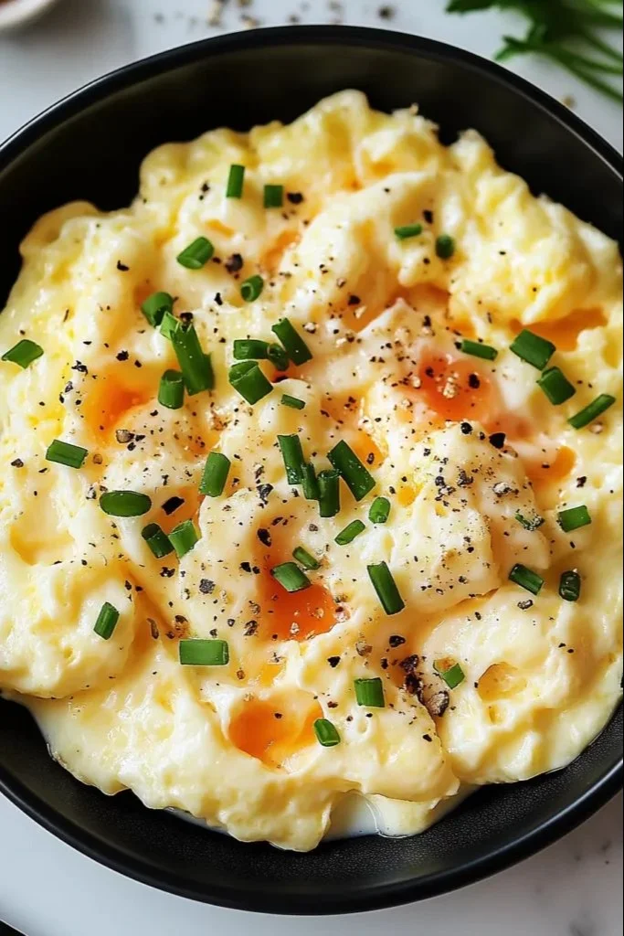 Delicious French-style scrambled eggs garnished for a gourmet breakfast