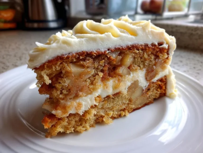 Fresh apple cake with cream cheese frosting on a plate