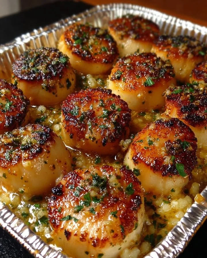 Garlic butter baked scallops, golden and delicious seafood dish served in a shell