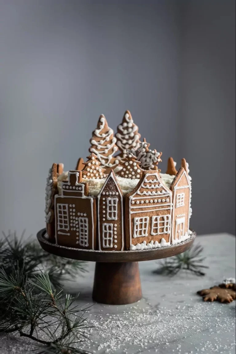 A beautifully decorated Gingerbread Village Cake with colorful icing and candy details.