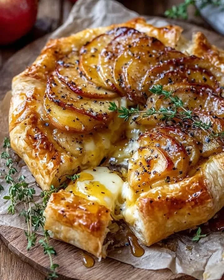 Golden baked brie with caramelized apples and thyme served on a rustic wooden platter