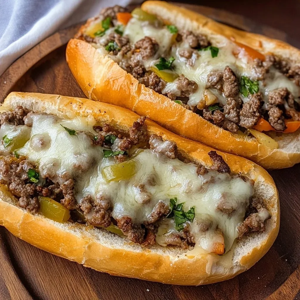 Delicious Ground Beef Philly Cheesesteaks served with toppings on a crispy roll.