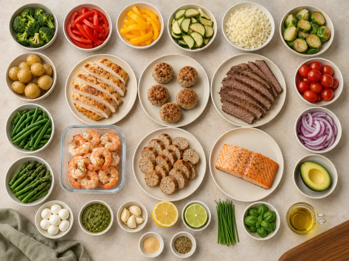 7-Day High-Protein Meal Prep Plan for Easy Lunches Chicken, turkey meatballs, steak, shrimp, chicken sausage, salmon, vegetables and seasonings prepared for meal prep