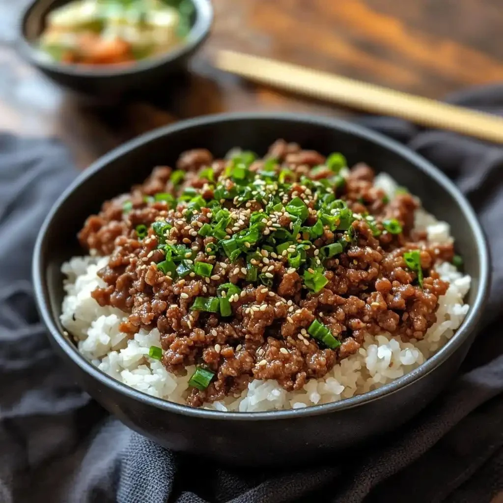 Delicious Korean Ground Beef Bowl topped with fresh vegetables and garnishes.