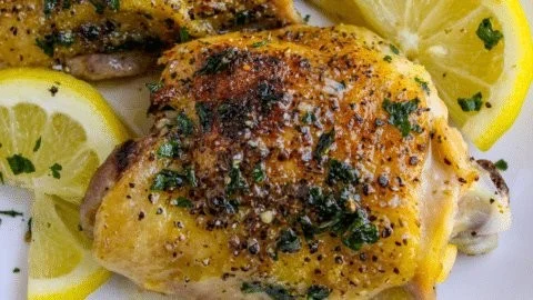 Lemon Pepper Chicken Thighs garnished with herbs on a plate