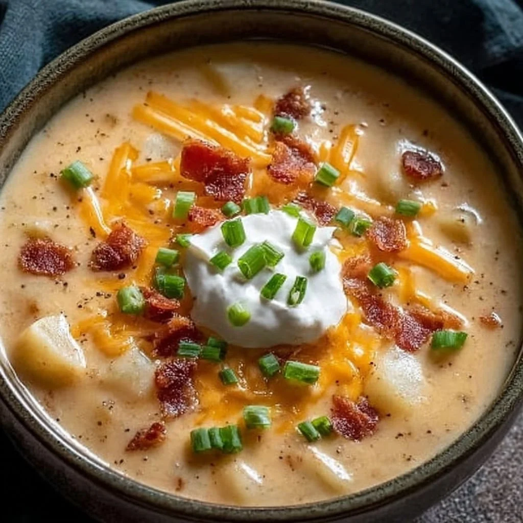 Bowl of creamy loaded baked potato soup topped with cheese and green onions