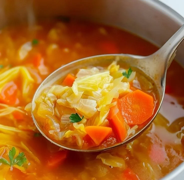 A bowl of low-calorie cabbage soup for fat burning and healthy eating.