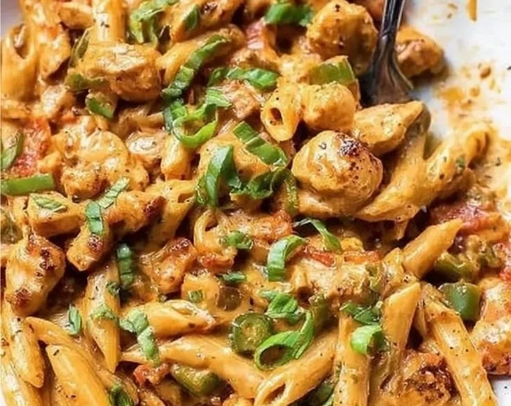 Creamy Cajun chicken pasta served in a bowl with fresh herbs and spices