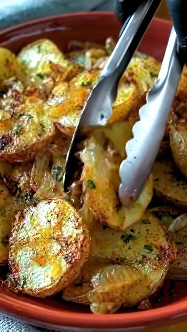 A plate of crispy oven-fried potatoes and onions garnished with herbs