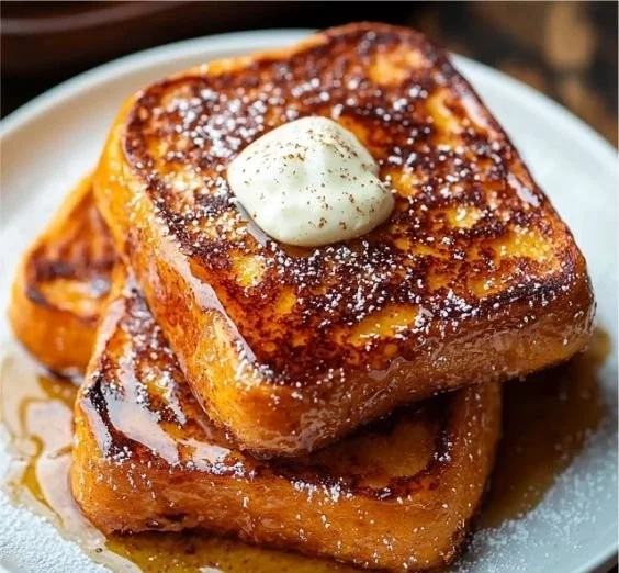 Delicious Pumpkin French Toast served with syrup and whipped cream.