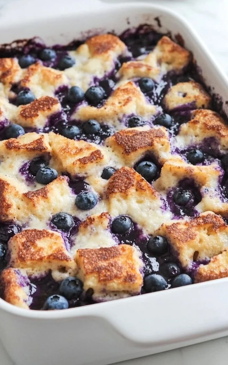 Quick blueberry French toast casserole baked and topped with fresh blueberries