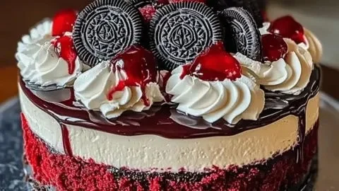 Delicious Red Velvet Oreo Cheesecake with a creamy topping and Oreo crust