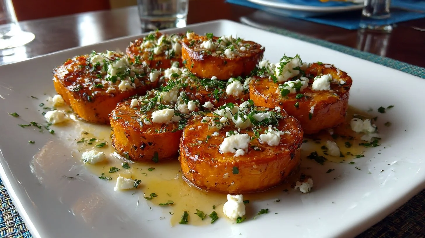 Roasted sweet potato rounds topped with honey and feta cheese on a plate.
