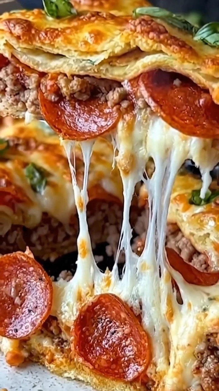 Savory deep hamburger, sausage, and pepperoni bake dish served on a plate.