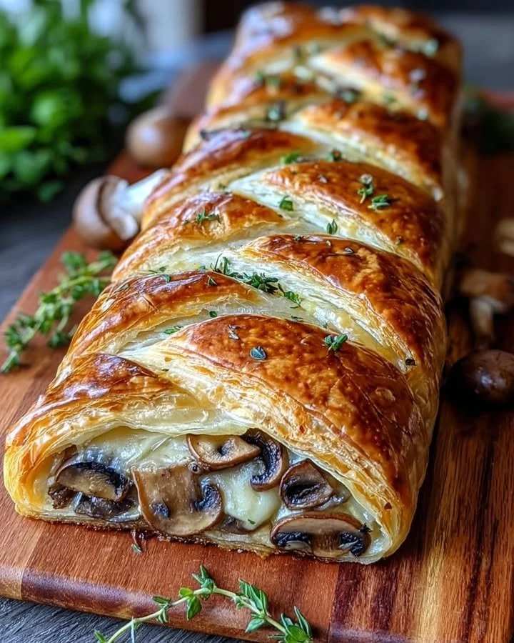 Savory mushroom and Gruyère cheese puff pastry braid ready to serve