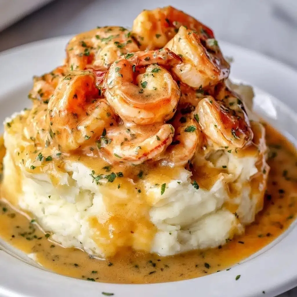 Shrimp in garlic sauce with buttery mashed potatoes on a plate