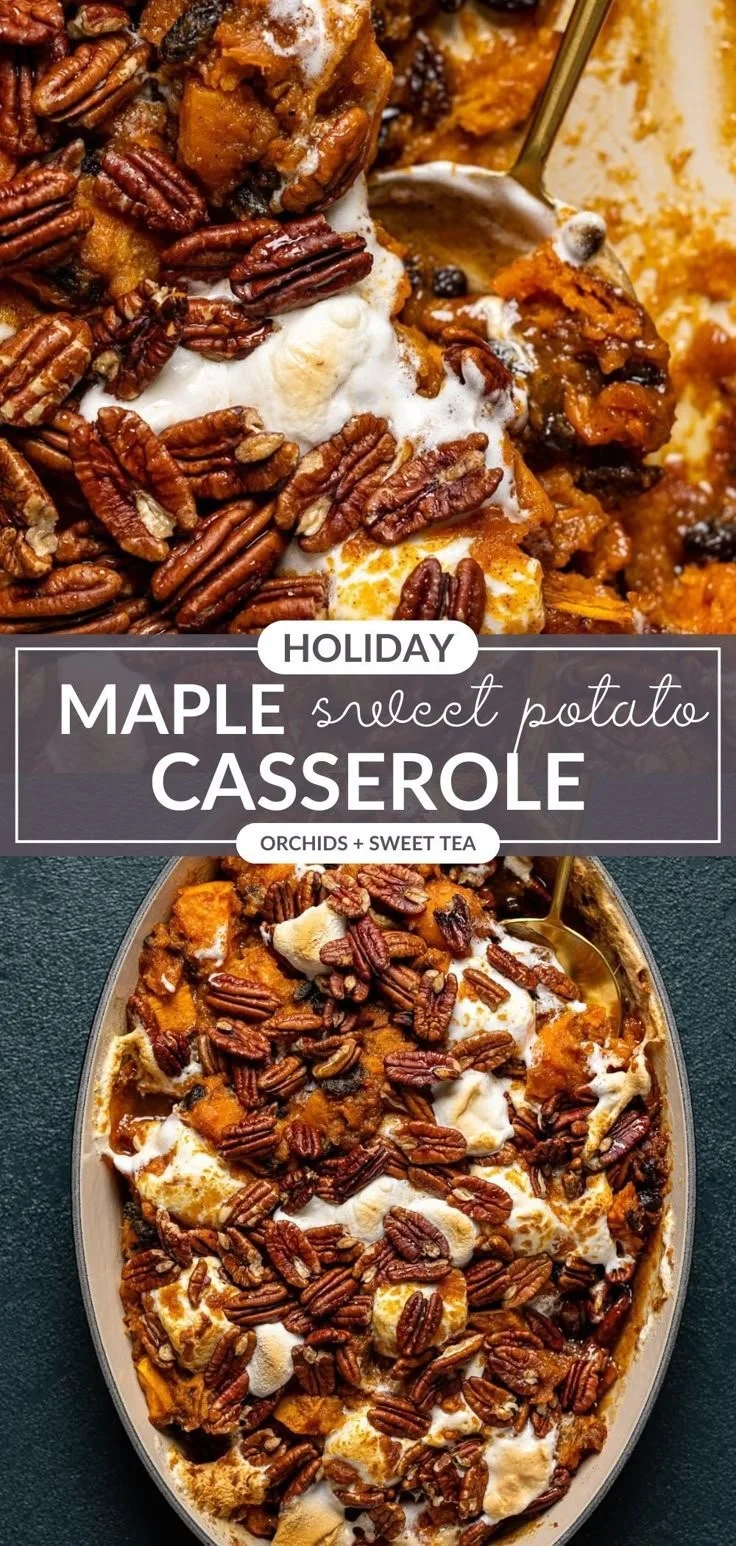 Southern Maple Sweet Potato Casserole topped with pecans and marshmallows