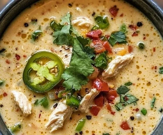 Bowl of spicy Jalapeño Popper Chicken Soup garnished with jalapeños and cheese