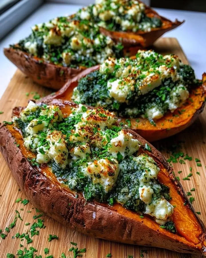 Spinach and ricotta stuffed sweet potatoes garnished with herb drizzle