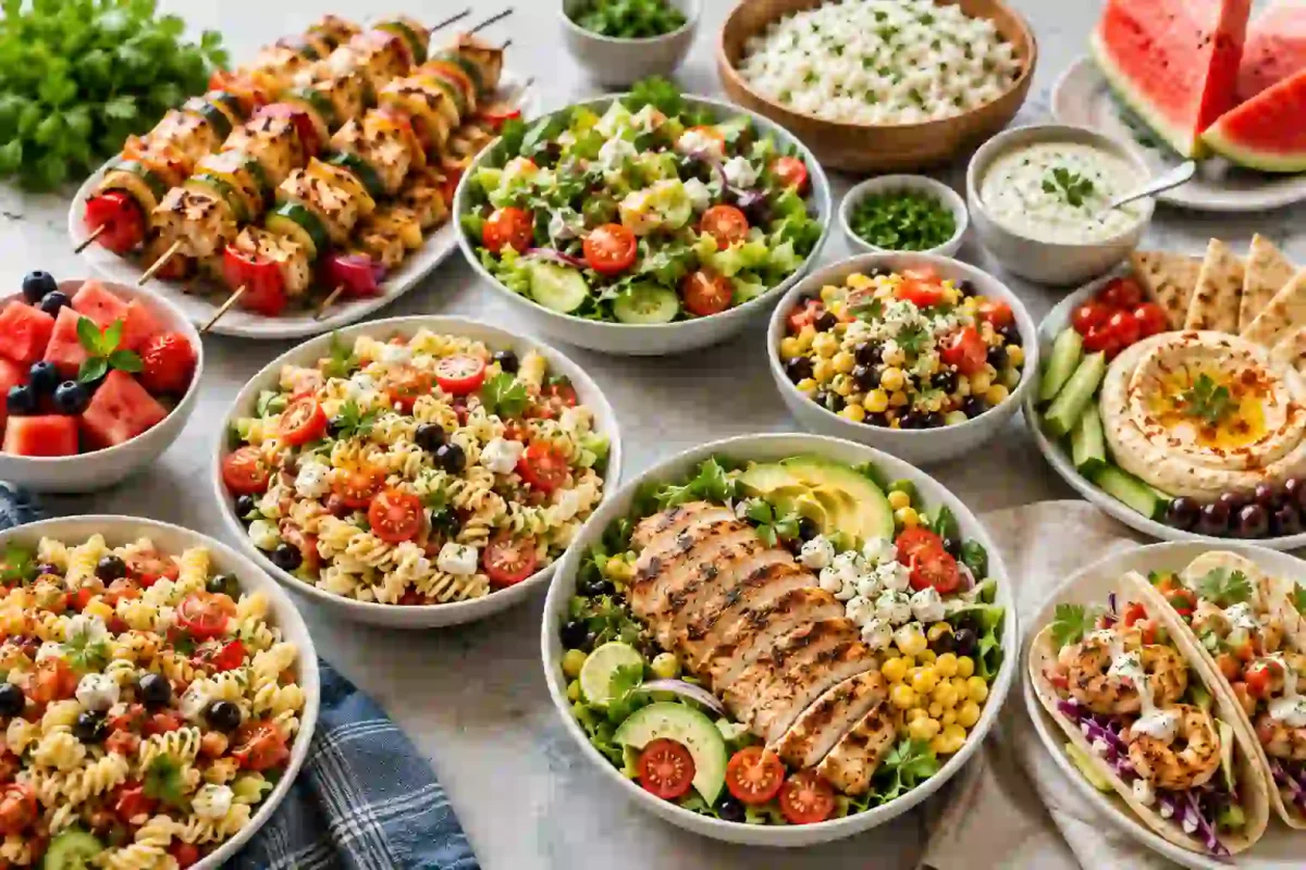 Summer dinner spread featuring grilled chicken skewers, fresh salads, pasta salad, shrimp tacos, hummus, watermelon, and healthy side dishes.