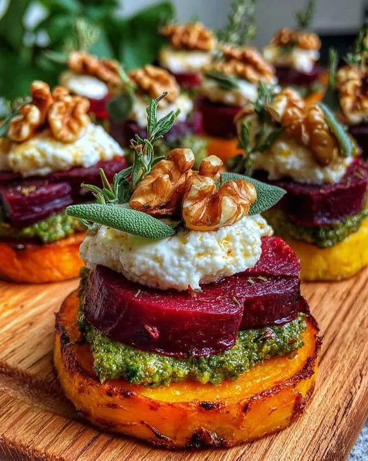 Delicious sweet potato stacks with beet, pesto, burrata, and walnuts arranged on a plate.