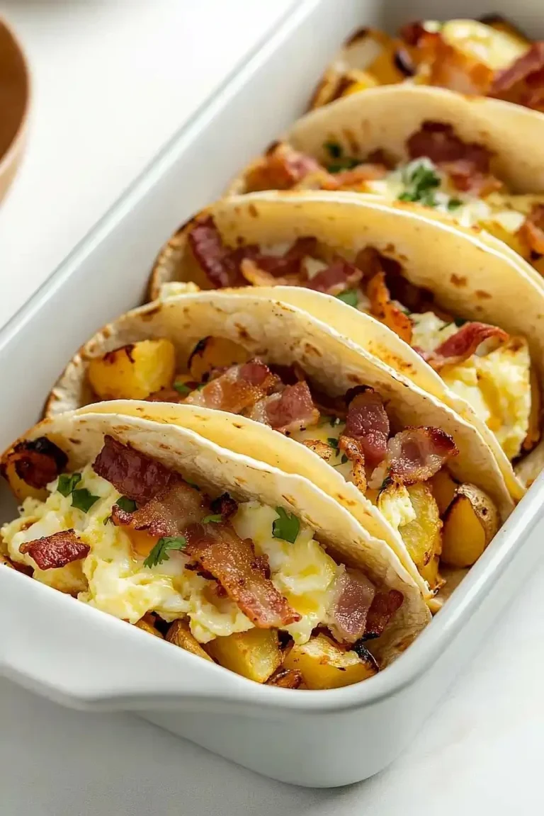 Delicious baked breakfast tacos served on a plate with toppings