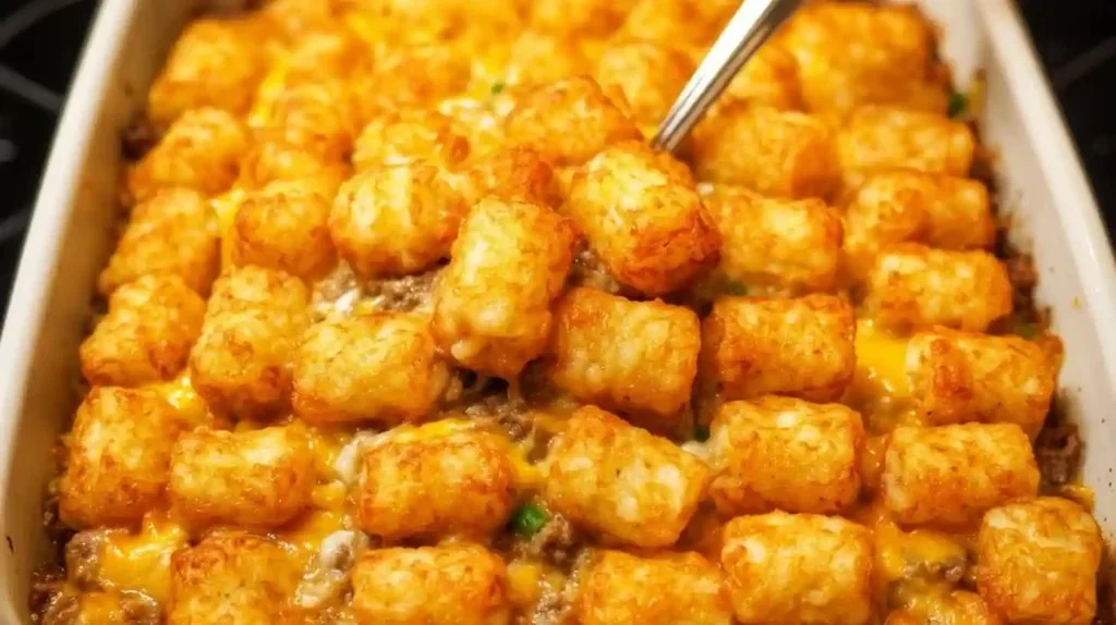 Deliciously baked Tater Tot Casserole topped with golden tater tots and cheese