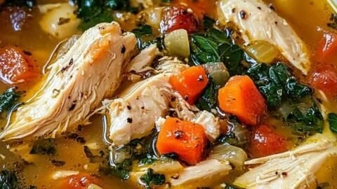 A bowl of hearty Tuscan-style chicken soup garnished with herbs