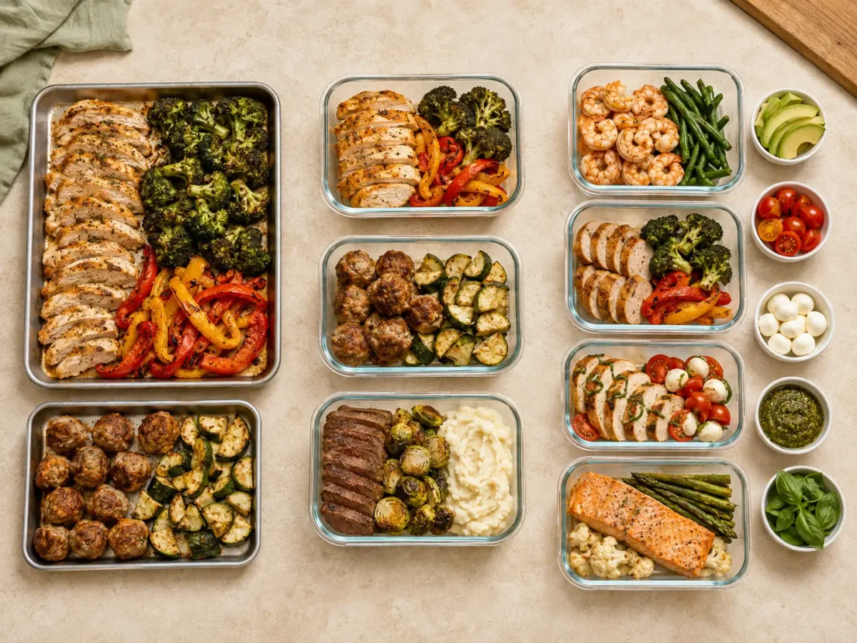 7-Day High-Protein Meal Prep Plan for Easy Lunches Cooked proteins and vegetables cooling in shallow containers with fresh meal-prep toppings stored separately