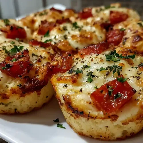 Twelve golden garlic butter pizza cupcakes topped with pepperoni sit on a cooling rack over a wooden surface.