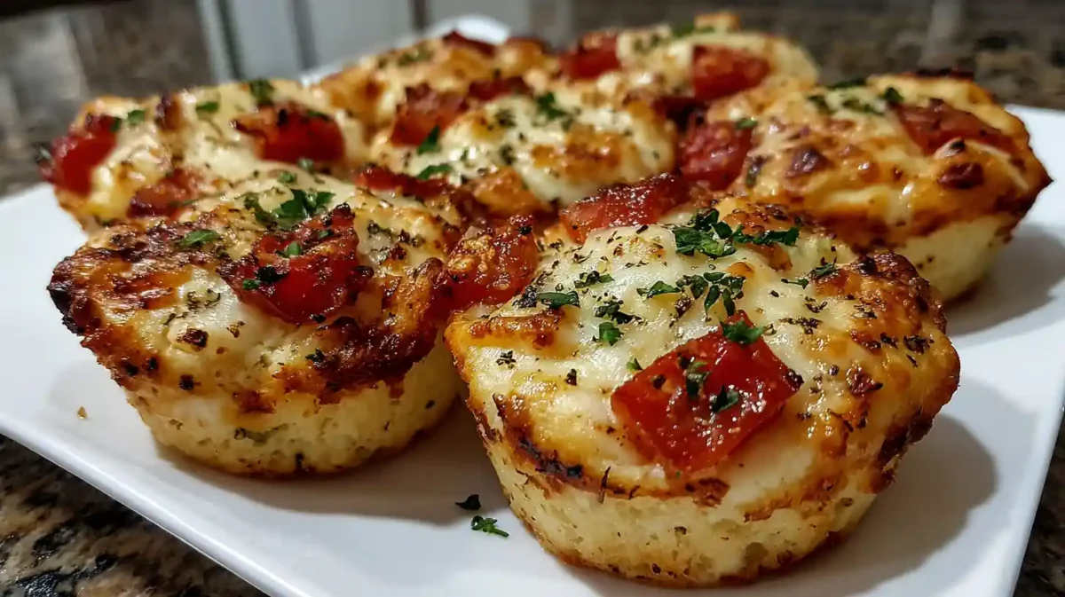 Twelve golden garlic butter pizza cupcakes topped with pepperoni sit on a cooling rack over a wooden surface.