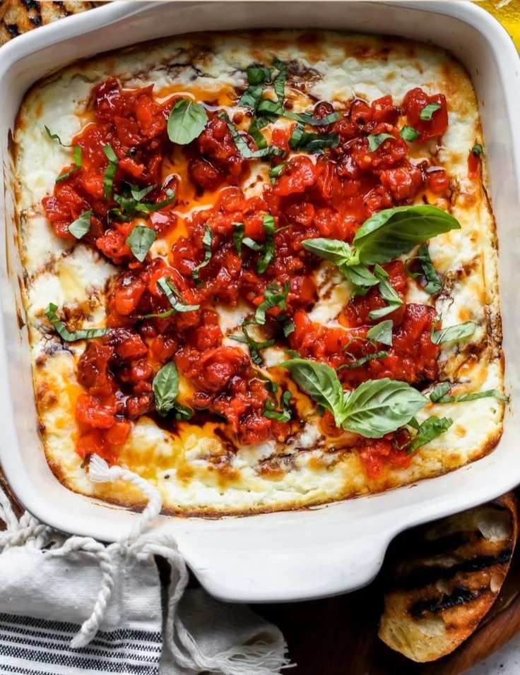 Baked Goat Cheese Bruschetta Dip served with crusty bread