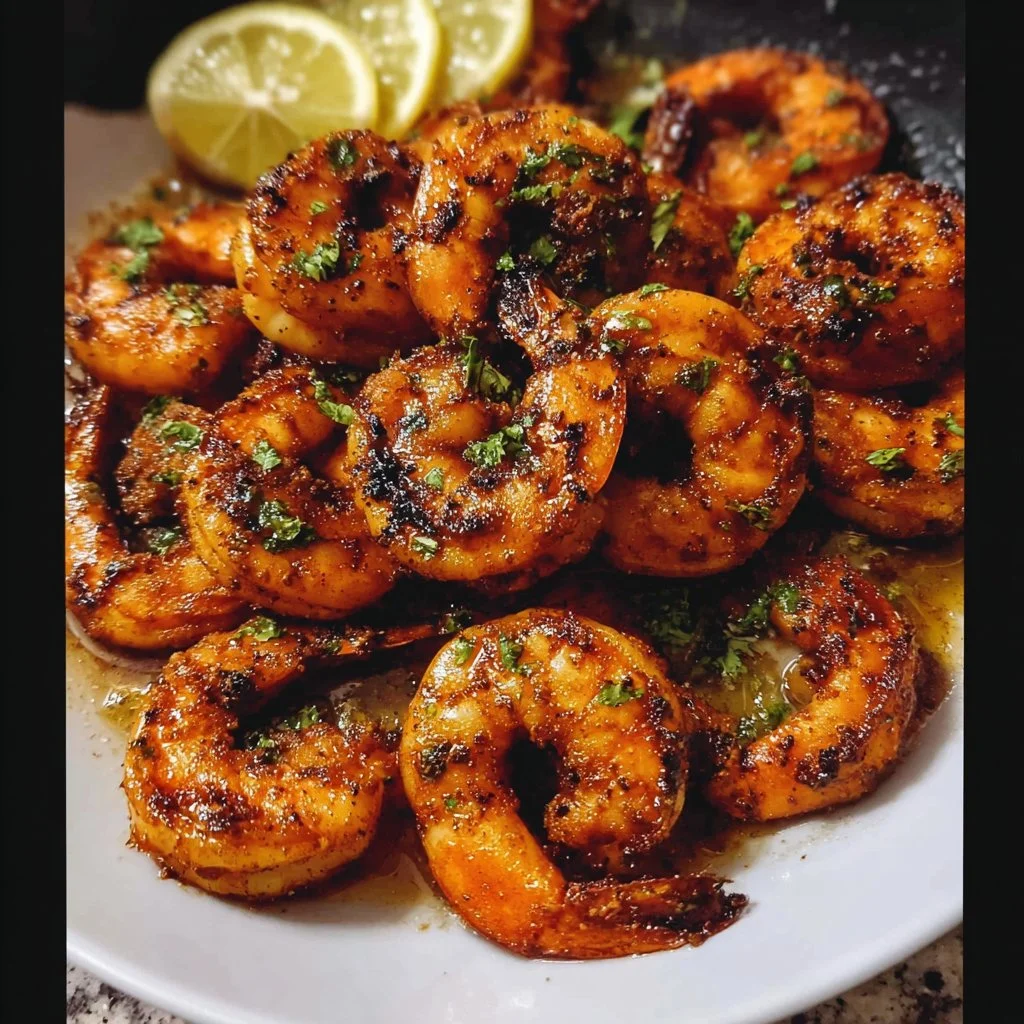 Spicy blackened shrimp served with fresh ingredients on a plate