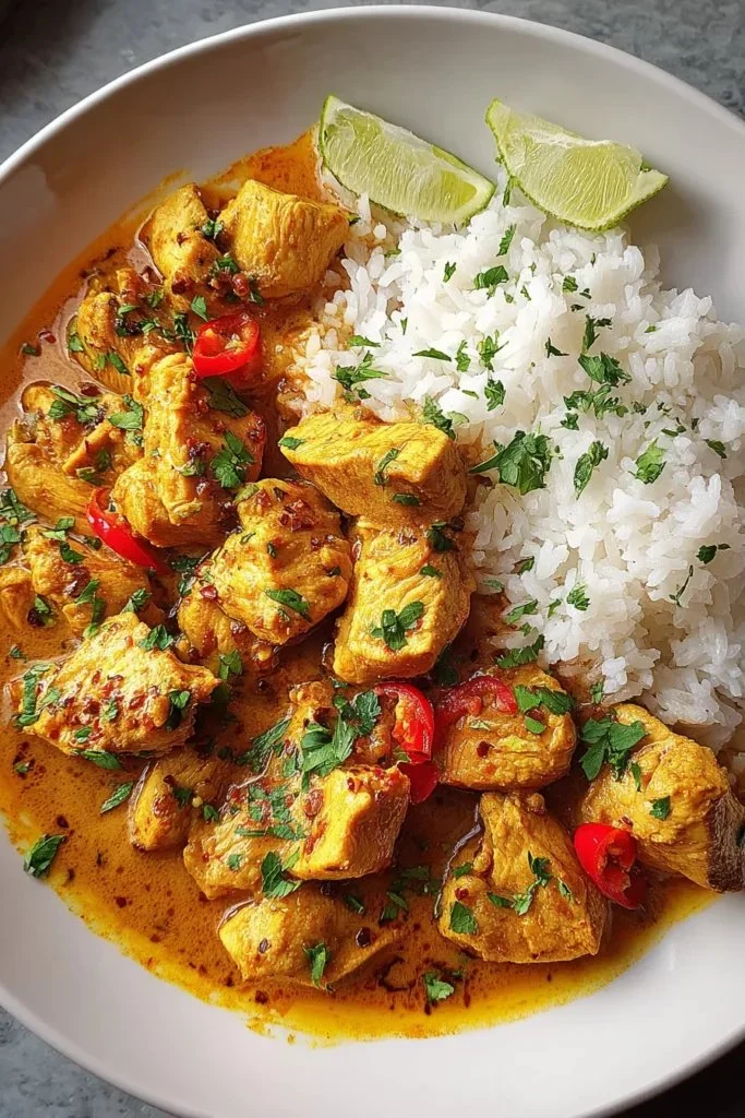 Delicious Brazilian Coconut Chicken served with fresh herbs and spices.