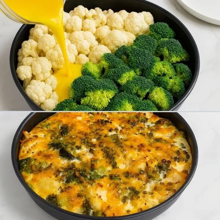 Broccoli and Cauliflower Egg Bake topped with Cheddar cheese