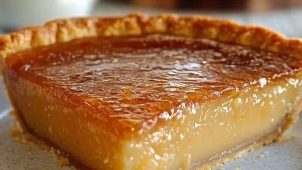 Slice of burnt honey pie with golden crust and caramelized top