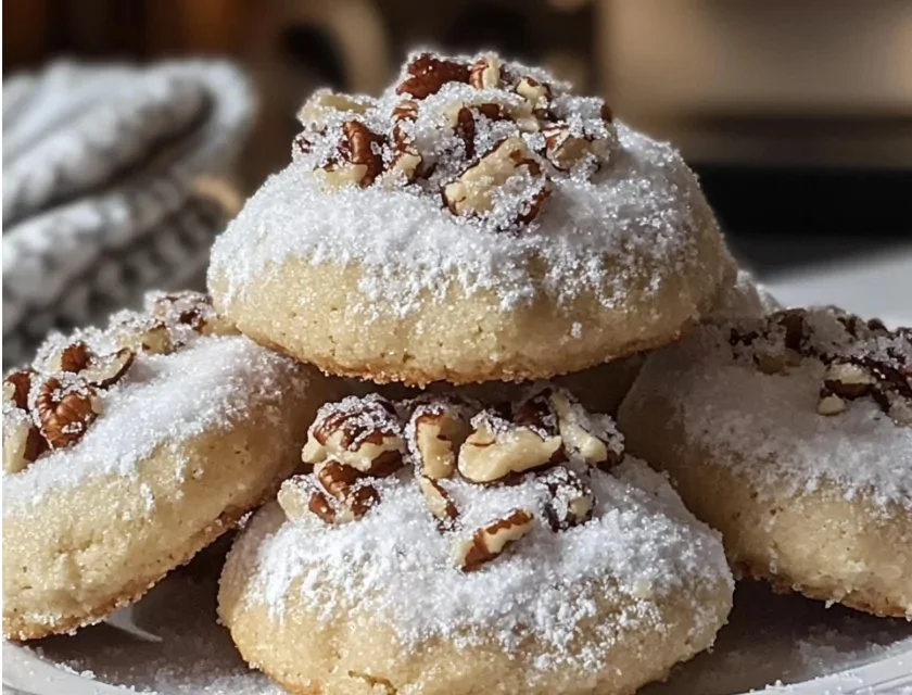 Buttery pecan snowball cookies dusted with powdered sugar on a festive plate.