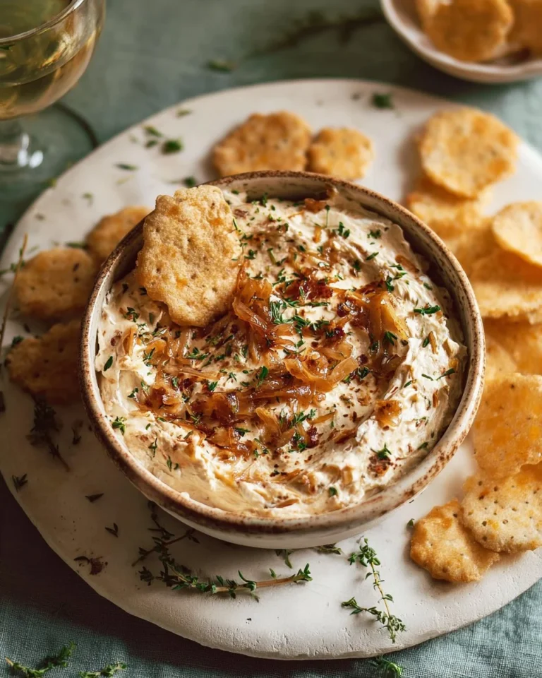 Delicious caramelized onion dip served with crispy chips for snacking