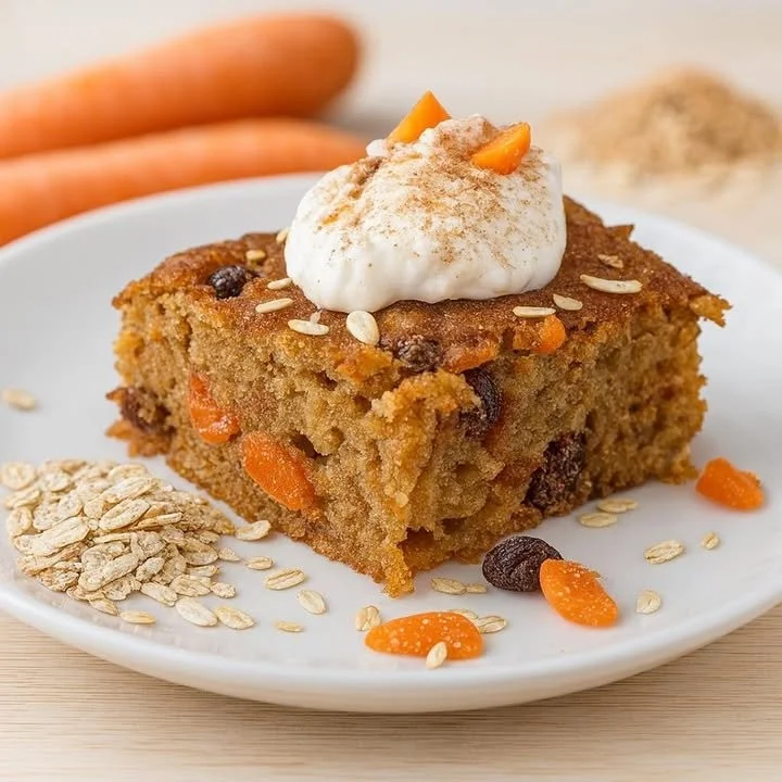 Moist carrot raisin oatmeal yogurt cake topped with fresh carrots and raisins.