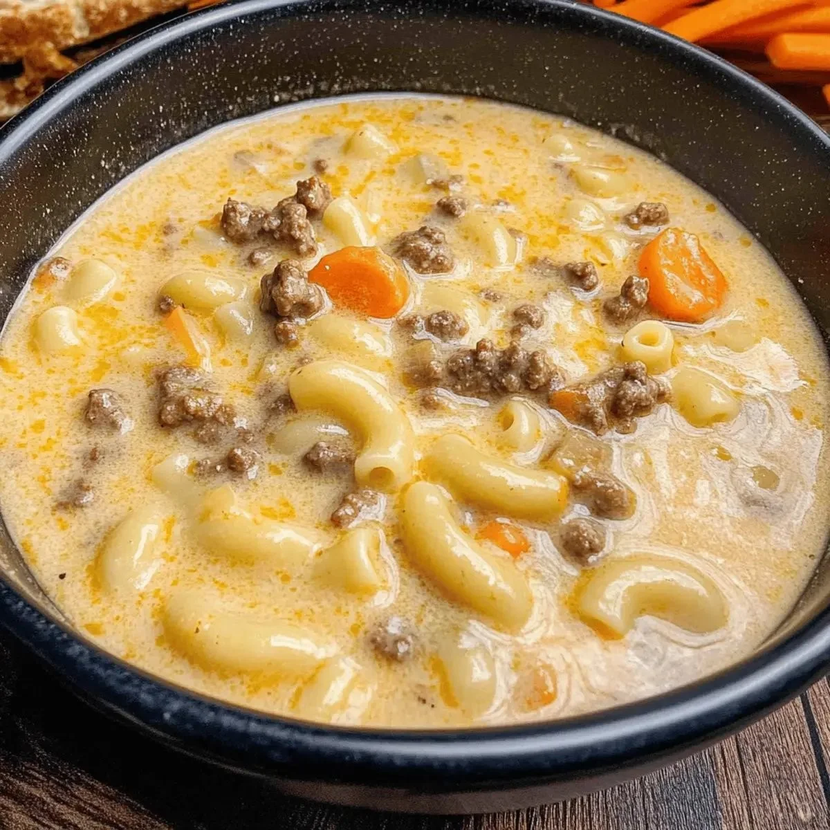 Bowl of rich Cheeseburger Macaroni Soup topped with cheese and herbs