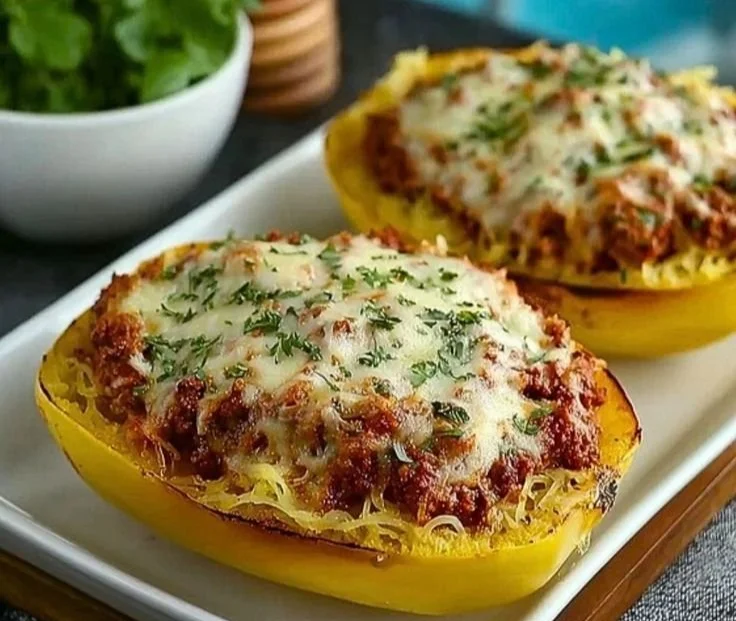 Cheesy garlic and herb spaghetti squash with meat sauce topped with herbs