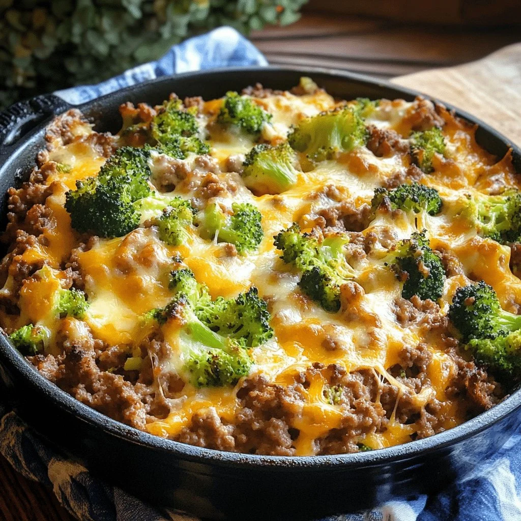 Delicious cheesy ground beef and broccoli casserole baked to perfection