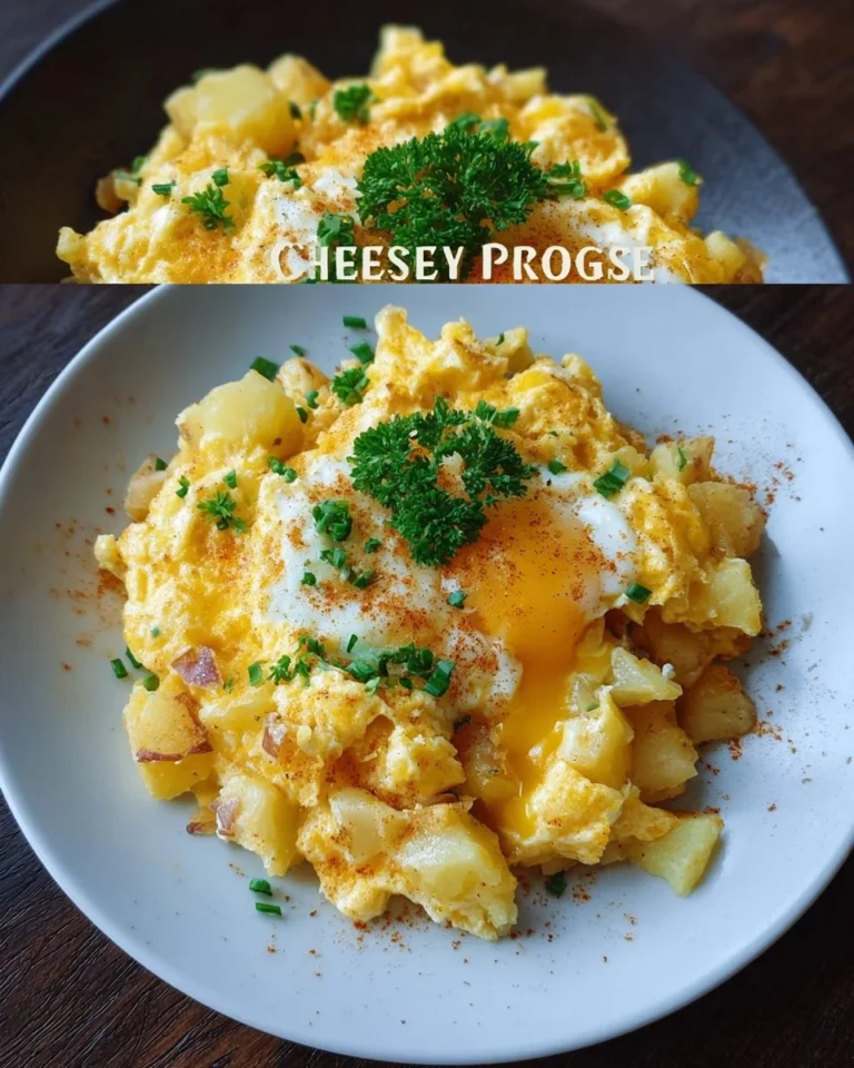 Cheesy potato egg scramble served in a bowl, garnished with herbs and cheese.