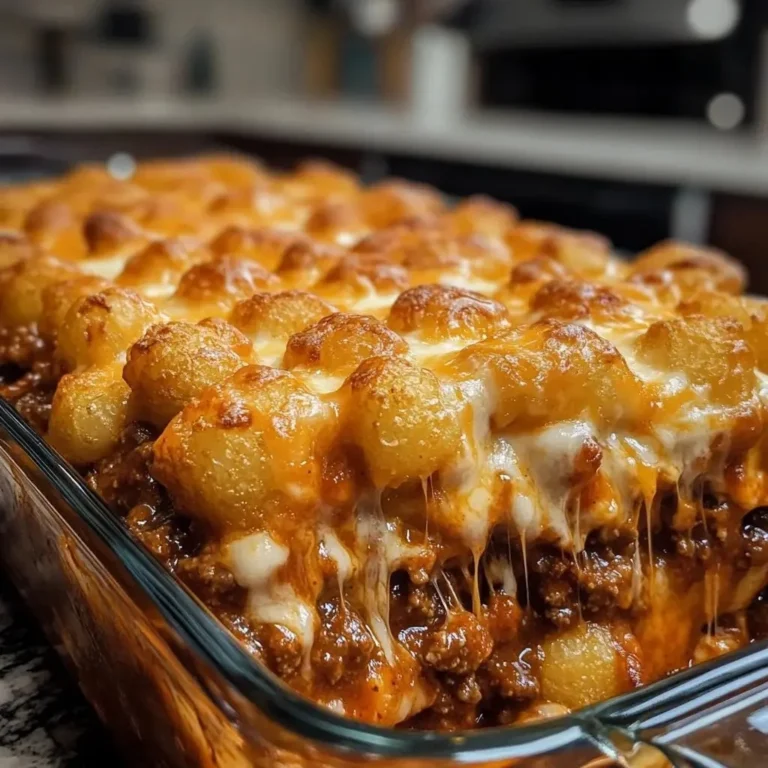Chili Cheese Tater Tot Casserole topped with melted cheese and chili