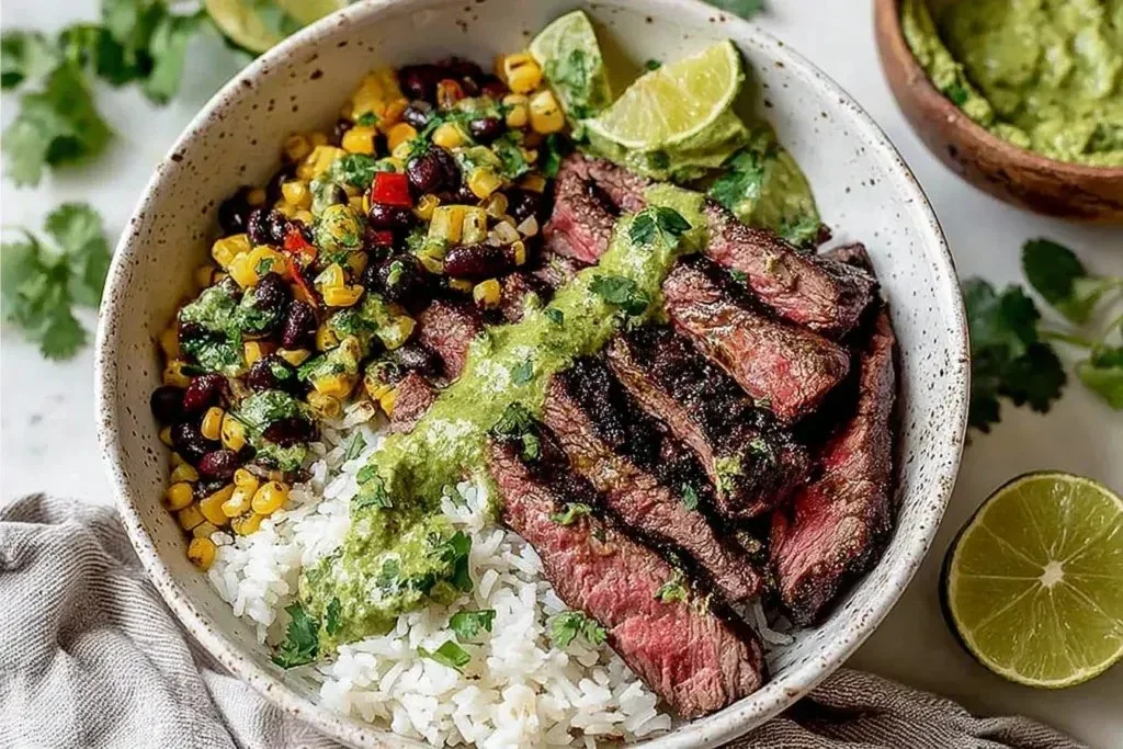 Cilantro Lime Steak Bowls with fresh ingredients and colorful presentation